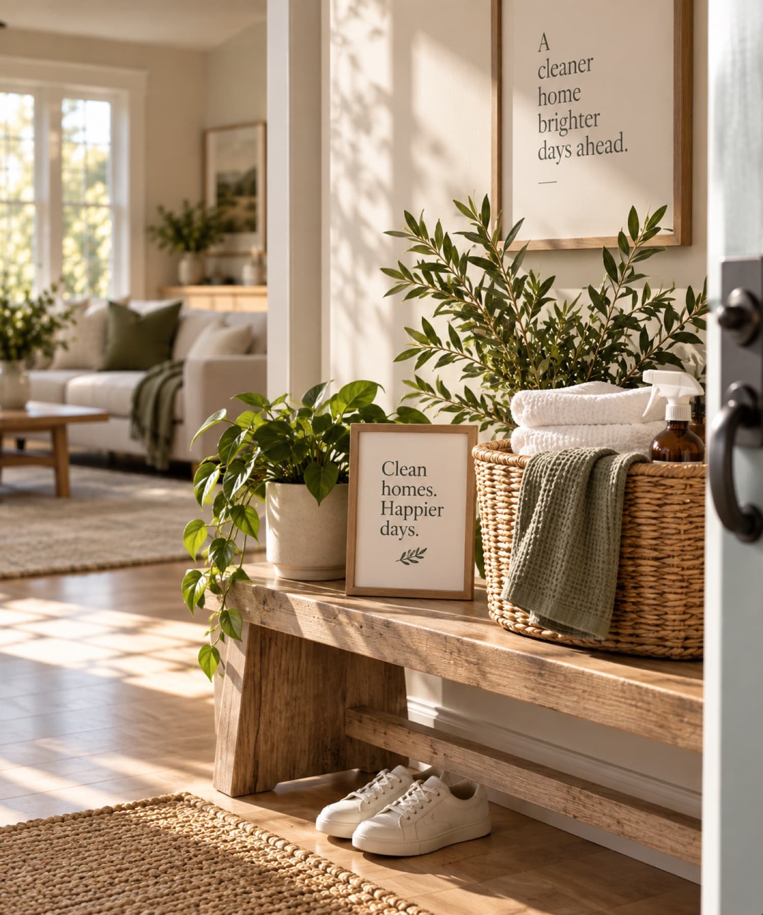 A bright, tidy entryway with a wooden bench, plants, and a basket of folded towels