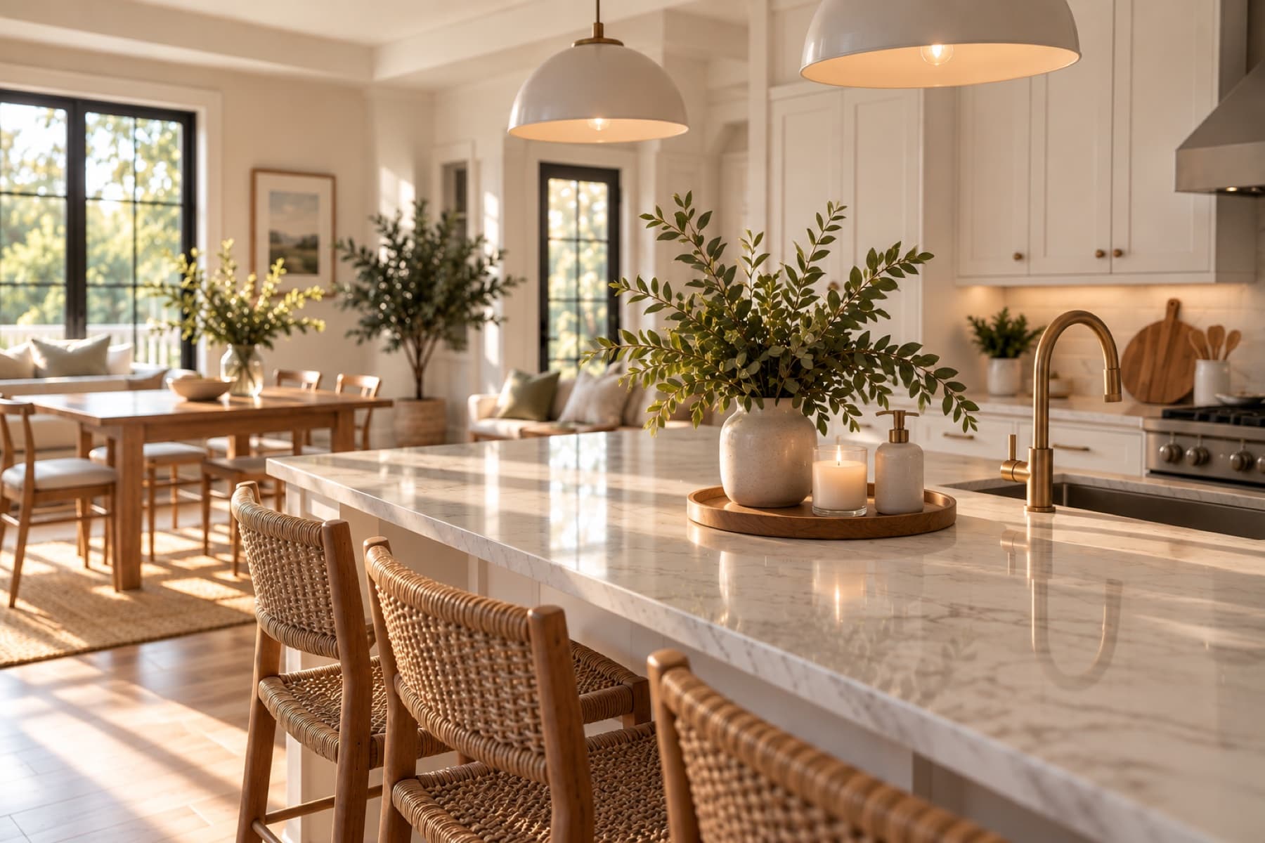 A sunlit, spotless kitchen with a marble island, woven counter stools and a vase of greenery