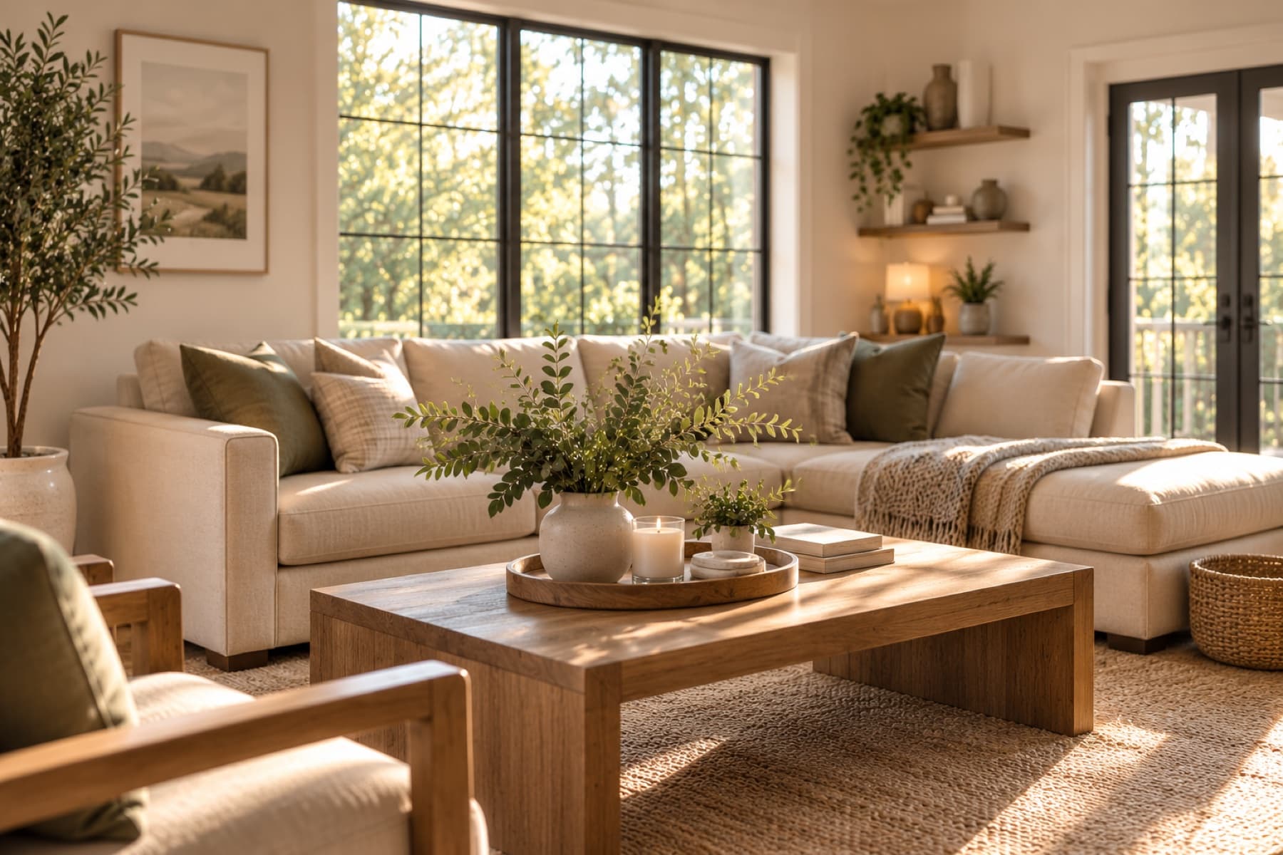 A calm, tidy living room with a cream sectional sofa and a wooden coffee table in warm afternoon light